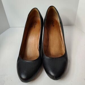 Clarks Shoes Clarks Black Faux Pebble Leather Wedge Heel